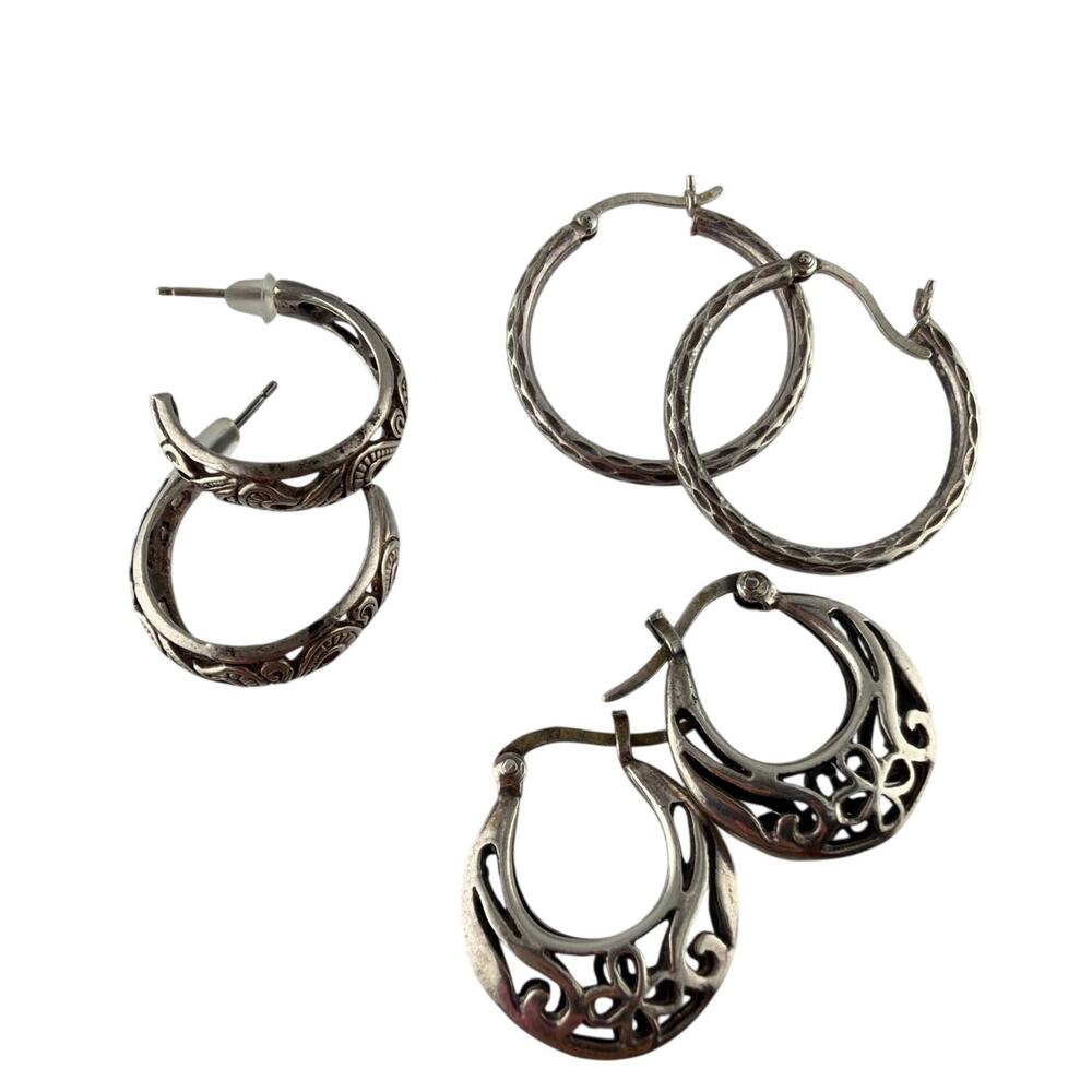 Vintage Sterling Silver Lot 2 Earrings Intricate Filigree Floral - Hammered Hoop